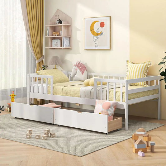 Wood Montessori Kids Bed With Storage Drawers And Rails Daybed