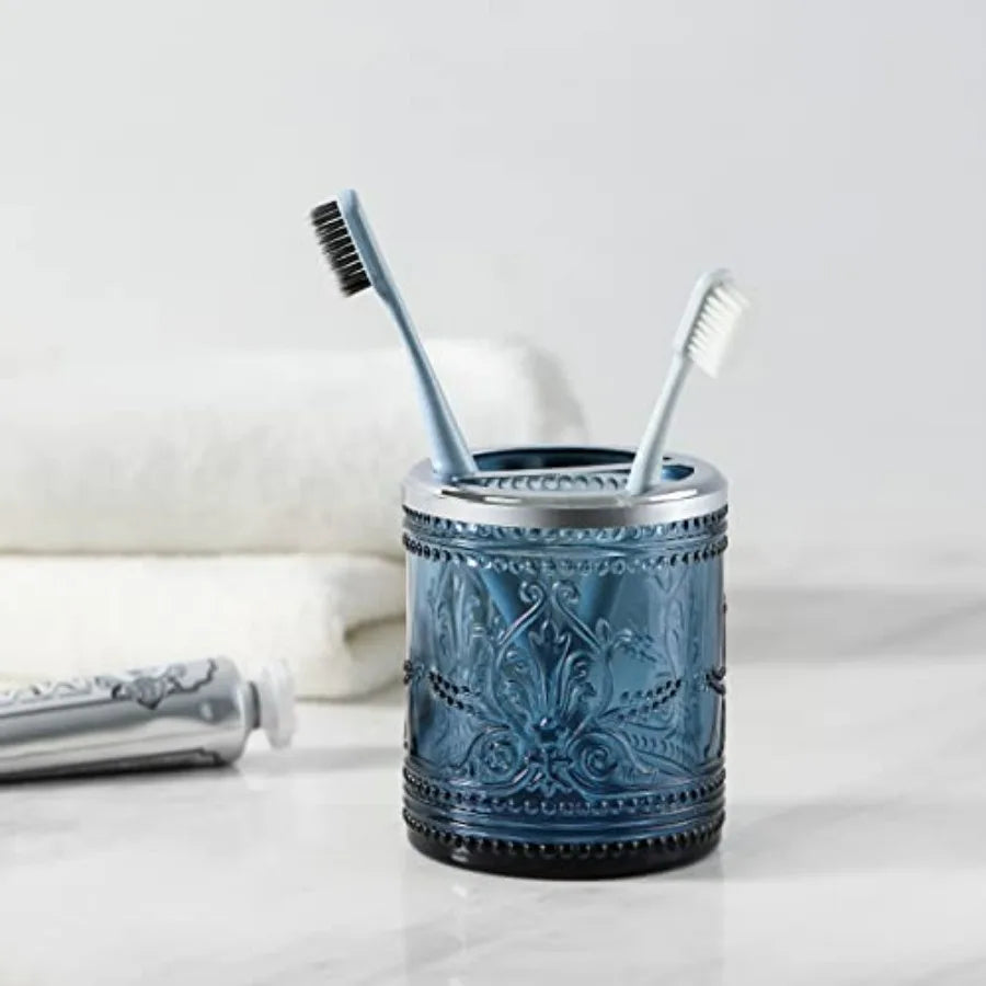 4PCs Teal Blue Glass Bathroom Accessories Set with Decorative Pressed Pattern - Includes Hand Soap Dispenser Tumbler Soap Dish