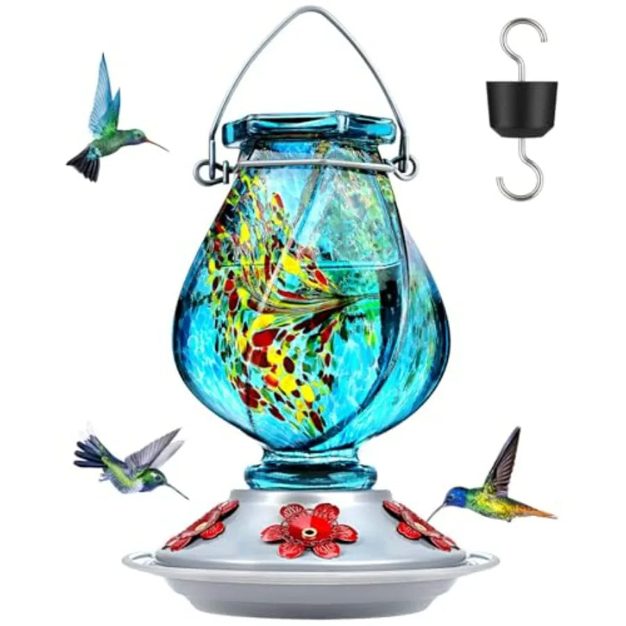 Hummingbird Feeder, Hand Blown Glass Hummingbird Feeders for Outdoors Hanging with Ant Moat, 5 Bee-Proof Ports, Leak-Proof, 360