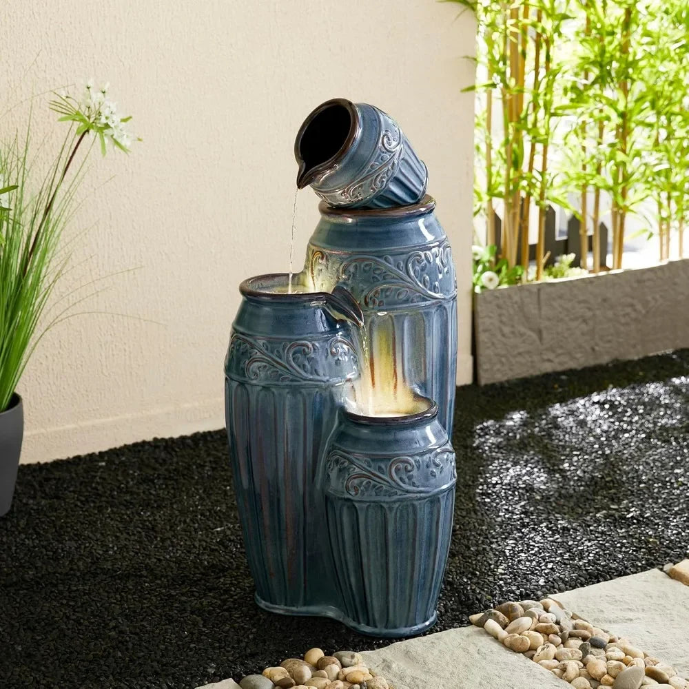 35.5 "H large outdoor fountain with LED lights and water pump, 4-storey relief ceramic fountain, porch terrace vertical fountain