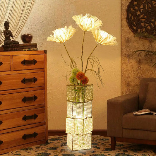 Rattan Floor Lamp Dimmable Standing LED Light For Living Room