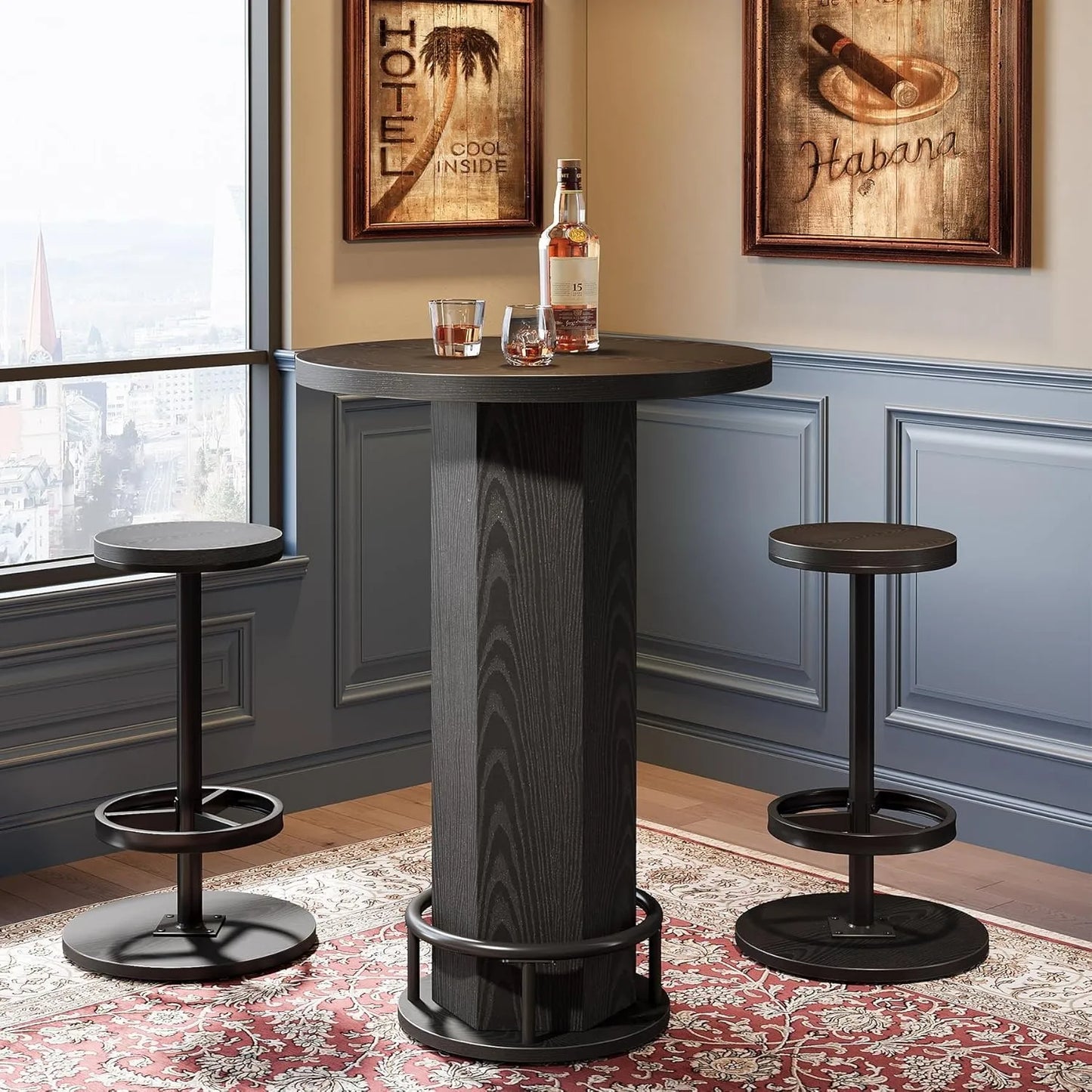 Round Bar Table With Chairs Industrial Bistro Set 2 Barstools