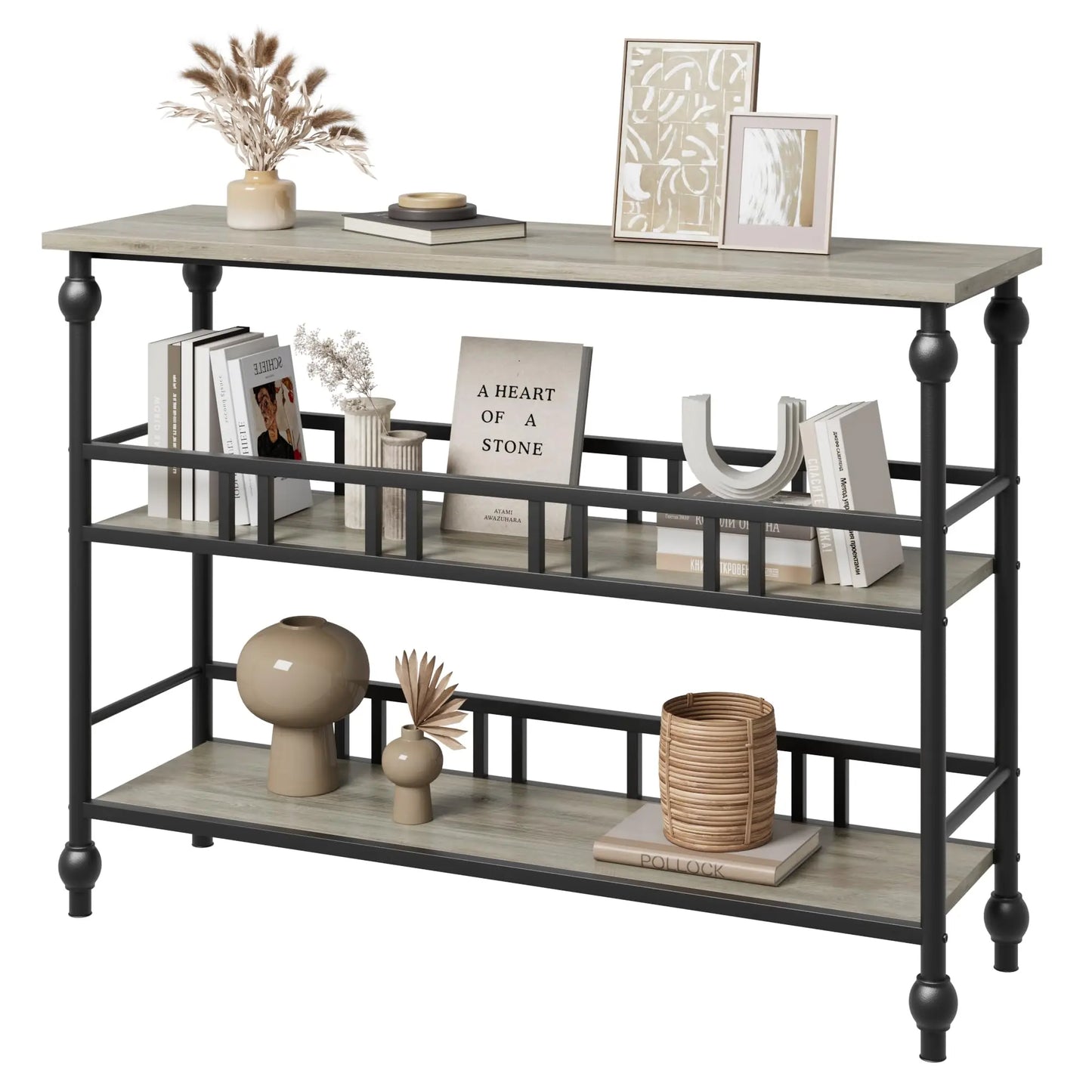 43" Rustic Console Table, 3-Tier Entryway Sofa Table with Shelves & Wood Grain Finish For Living Room Hallway Bedroom