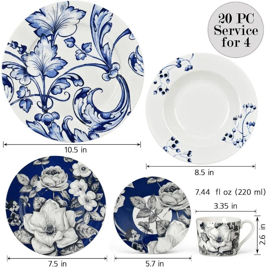 Bone China Dinnerware Set of 20 for 4 pers. Plates and Bowls Sets Dish Set Plate Set Dinner Plates Set Dishes Set of 20 Stonewa