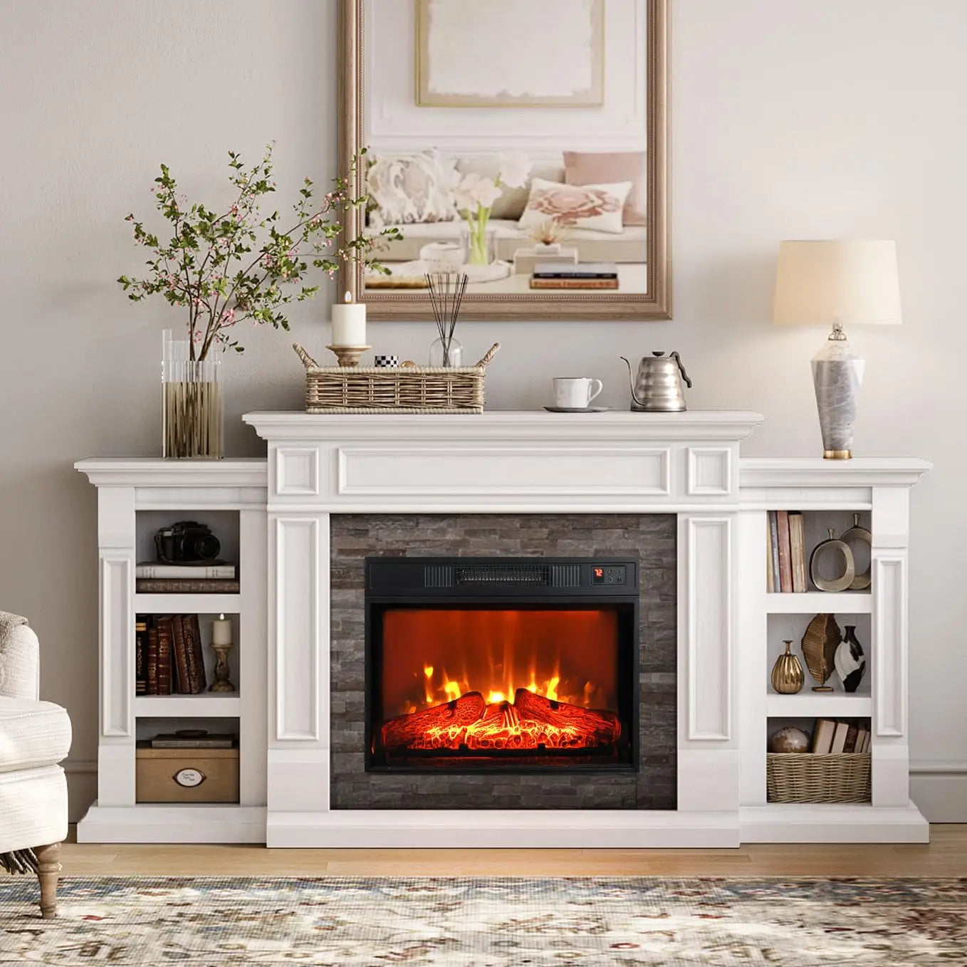 Electric Fireplace With Mantel Cabinets TV Stand Living Room