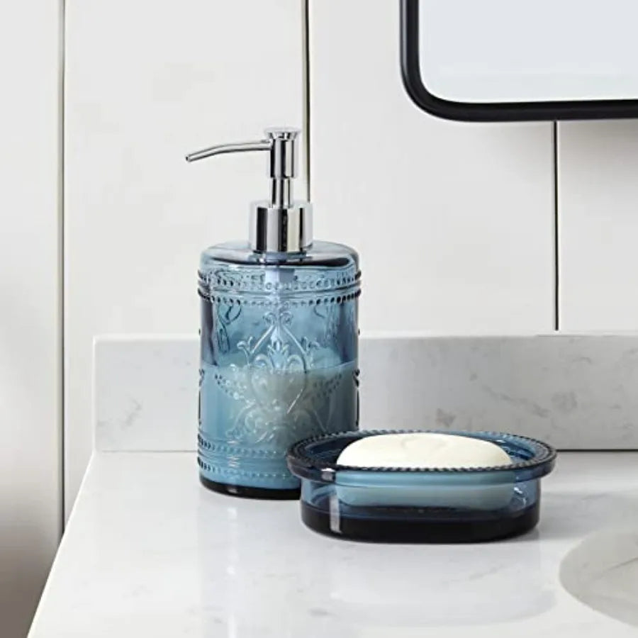 4PCs Teal Blue Glass Bathroom Accessories Set with Decorative Pressed Pattern - Includes Hand Soap Dispenser Tumbler Soap Dish