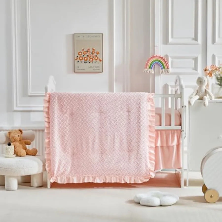 3 Pieces Tufted Crib Bedding Set with Ruffle Fringe Ruffled Comforter with Fitted Sheet and Bed Skirt Soft and Embroidery Shabb
