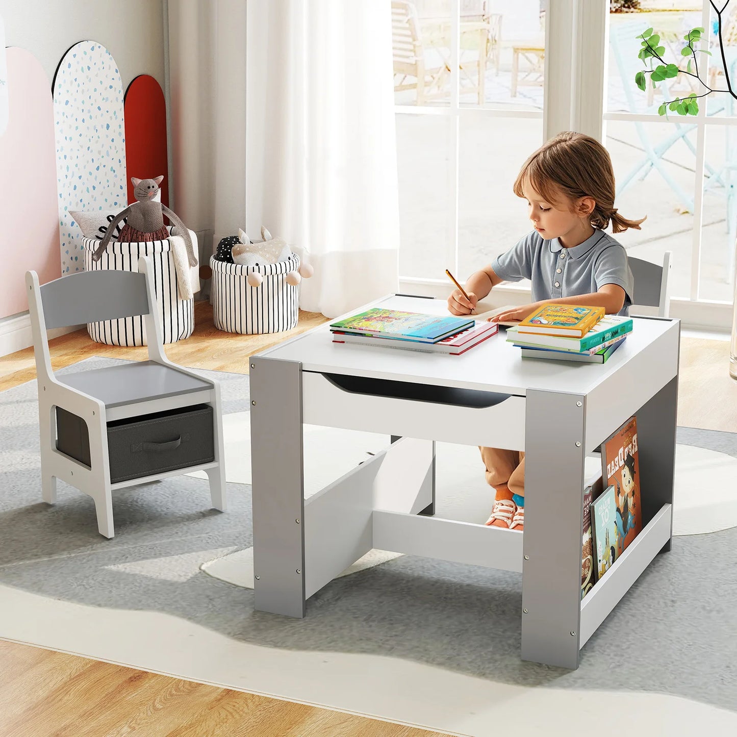 HOMASIS 4-In-1 Kids Table And Chair Set With Side Bookshelves
