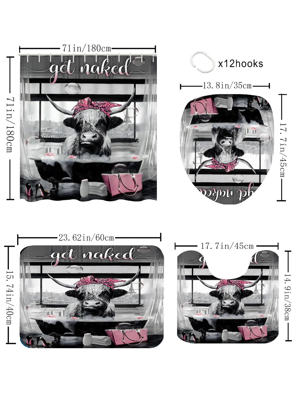 Cow Window Shower Curtain 4pc Polyester 2D Print Modern Home