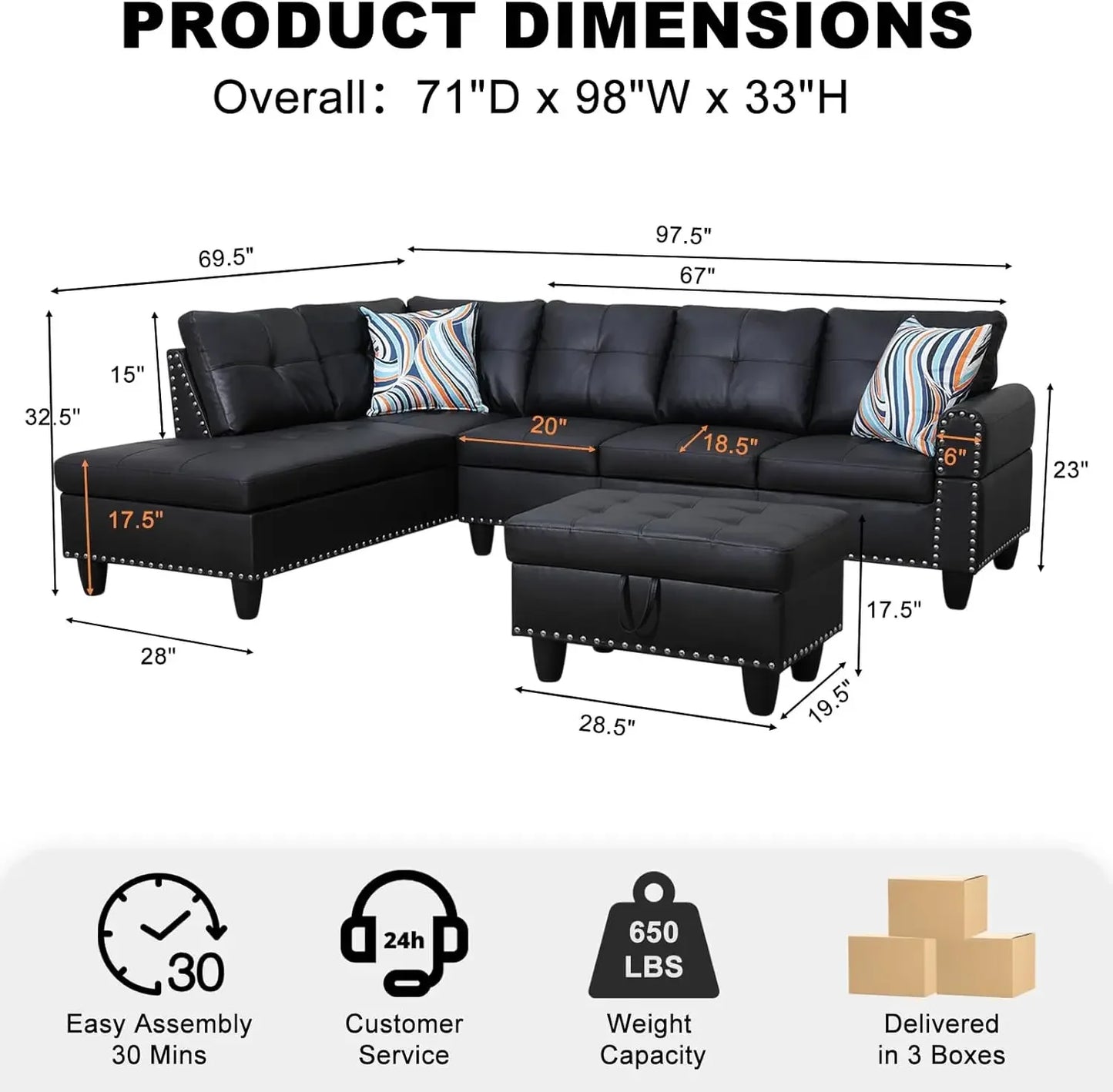 Sectional Sofa Couch Modern 4 Seater With Chaise Lounge Ottoman