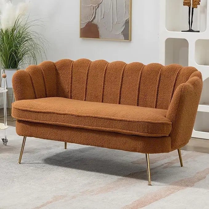 Chenille Upholstered Loveseat With Gold Metal Legs Petal Design
