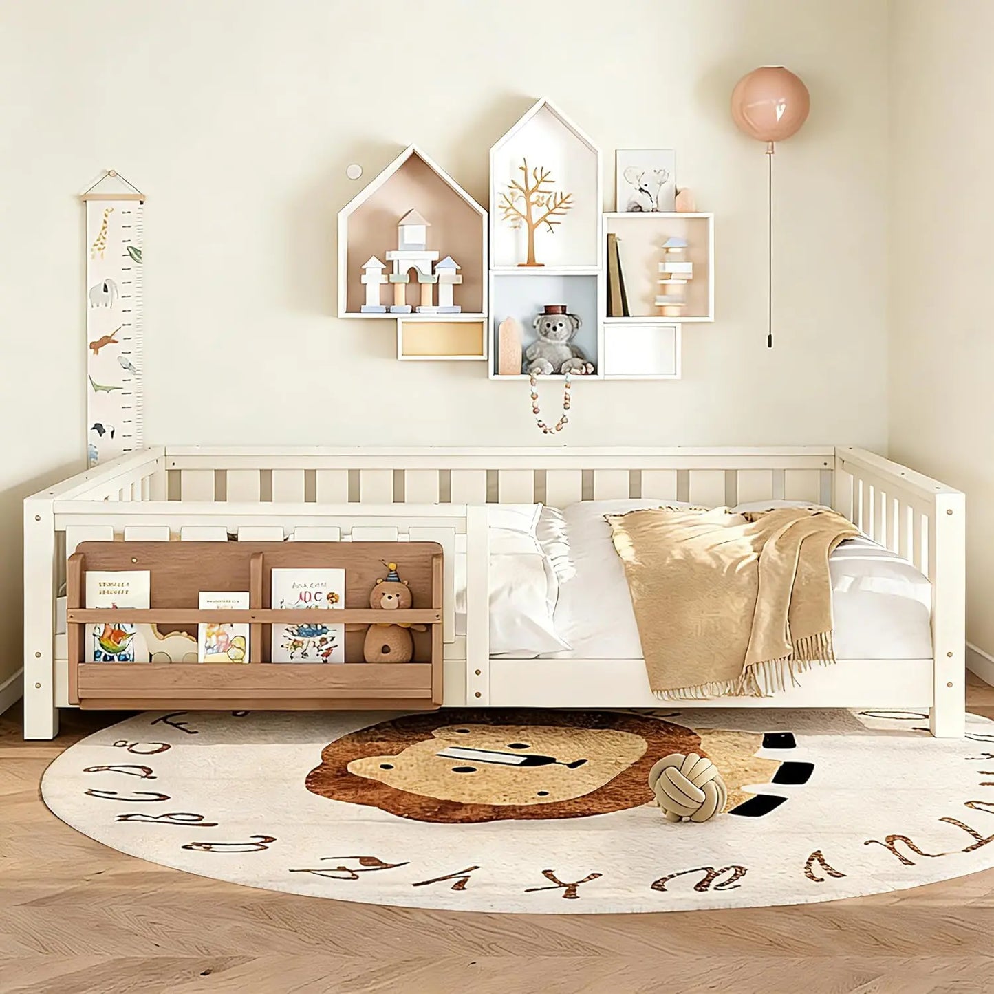Queen Size Montessori Kids Bed Frame with Stairs Bookshelf Drawers Storage Low-Profile Wood for Boys Girls Room, Customized