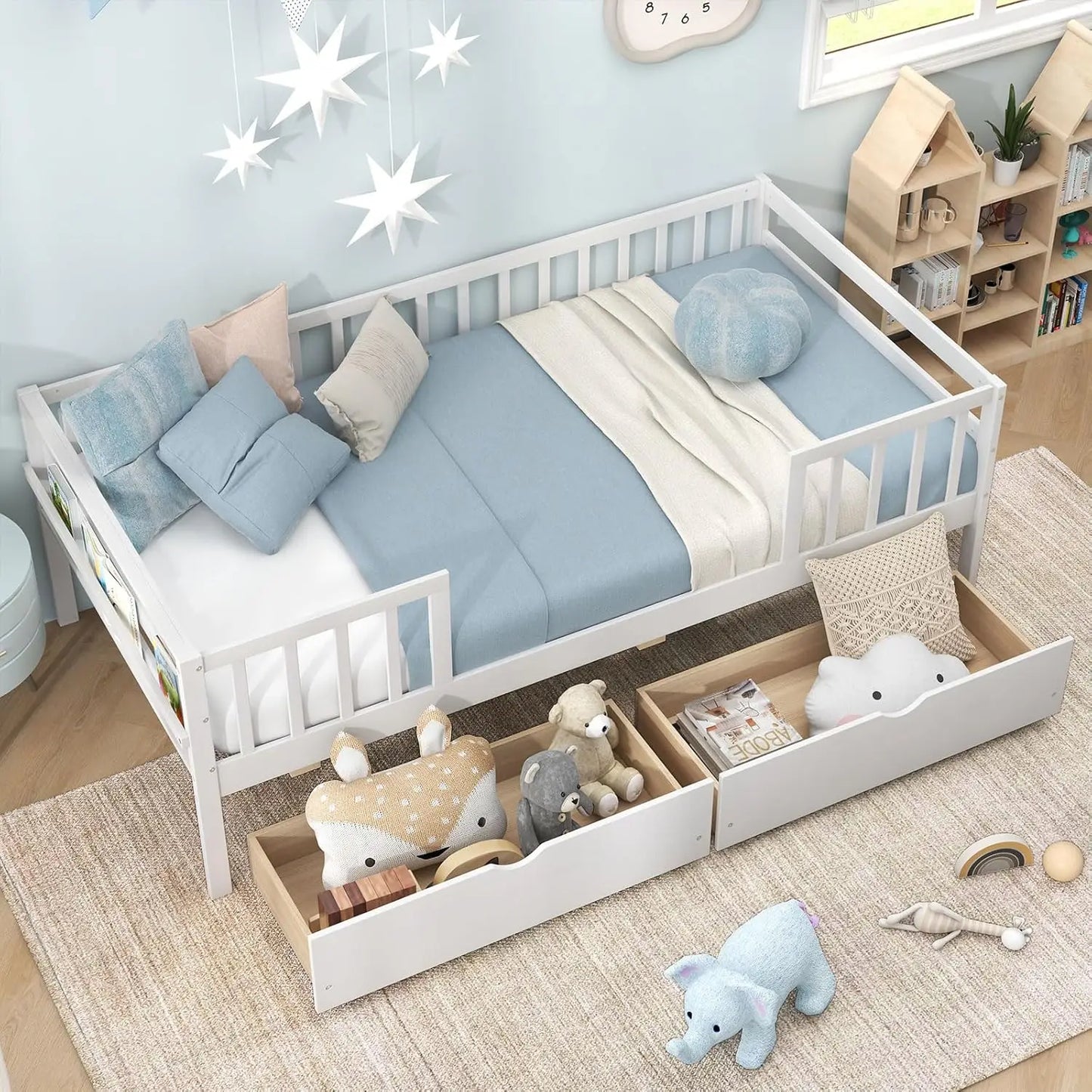 Wood Montessori Kids Bed With Storage Drawers And Rails Daybed