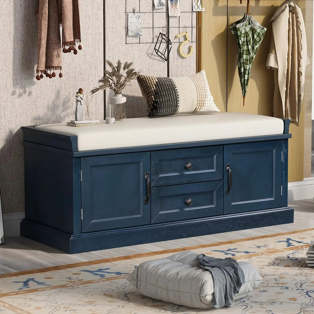 Storage Bench Removable Cushion Shoe Cabinet Doors Drawers Padded Seat Hallway Entryway Espresso, Customized