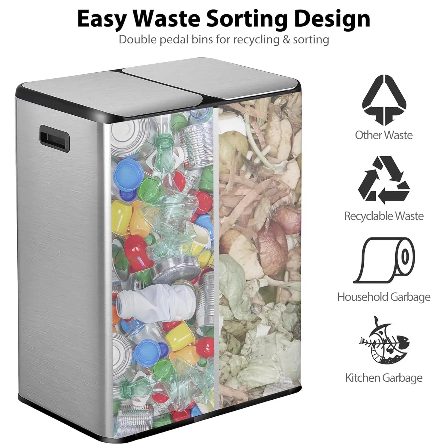 Stainless Steel Dual Trash Can With Foot Pedal For Kitchen
