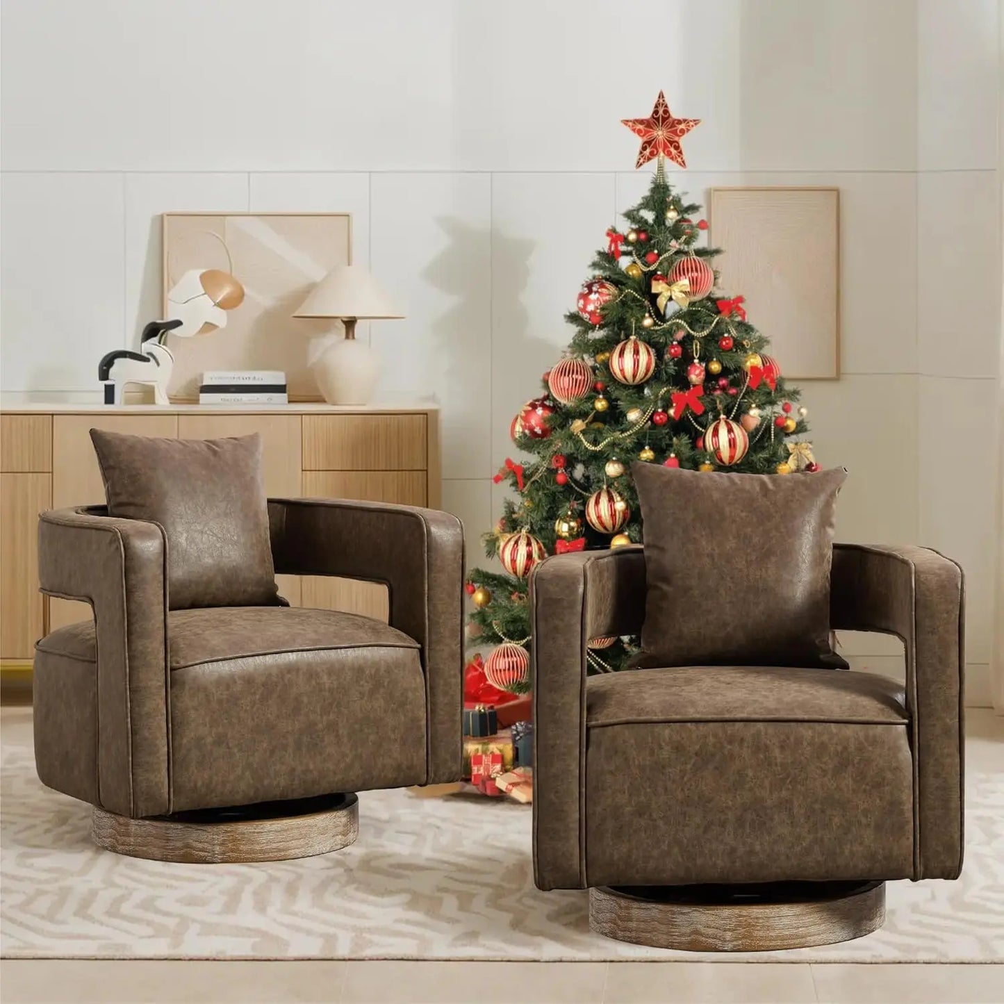 Upholstered Swivel Accent Chair Set Of 2 Linen Open Back Barrel Chair Pillow
