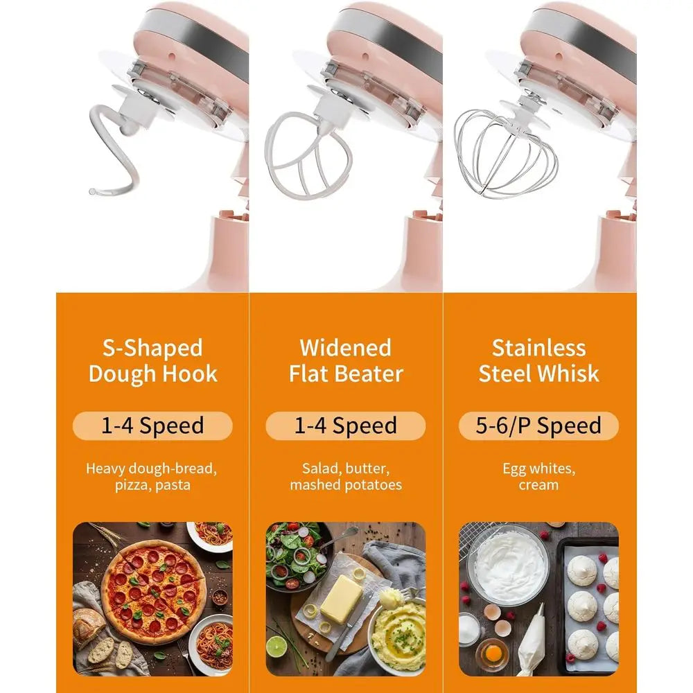 3.4 Quart Electric Stand Mixer - 6 Speeds, Portable Kitchen Mixer with Egg Whisk, Dough Hook, Beater for Daily Use in Pink
