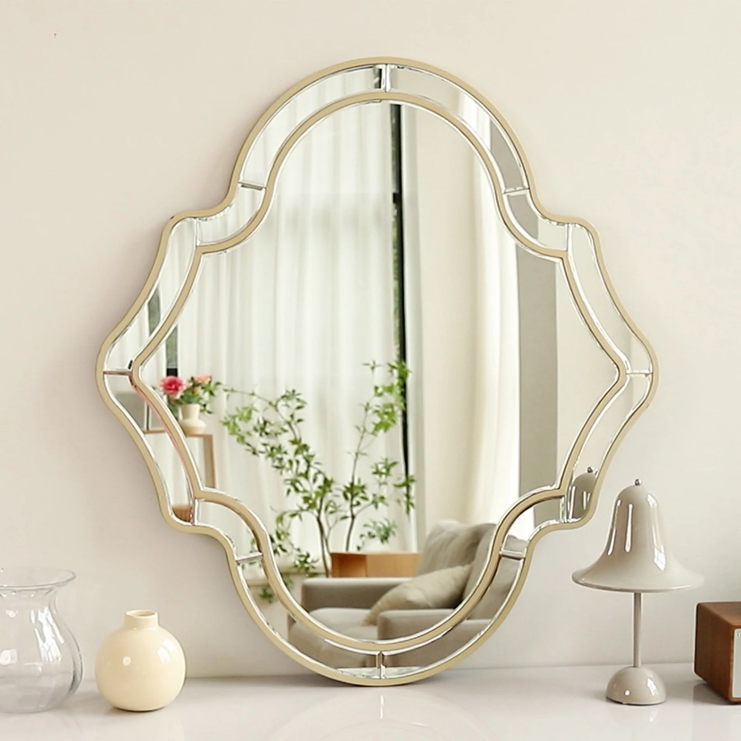 Golden Rim Framed Wall Mirror for Living Room Decor Elegant
