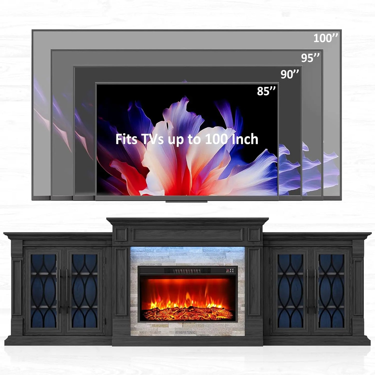 Fireplace TV Stand Electric Mantel With Cabinets Tempered Glass Doors