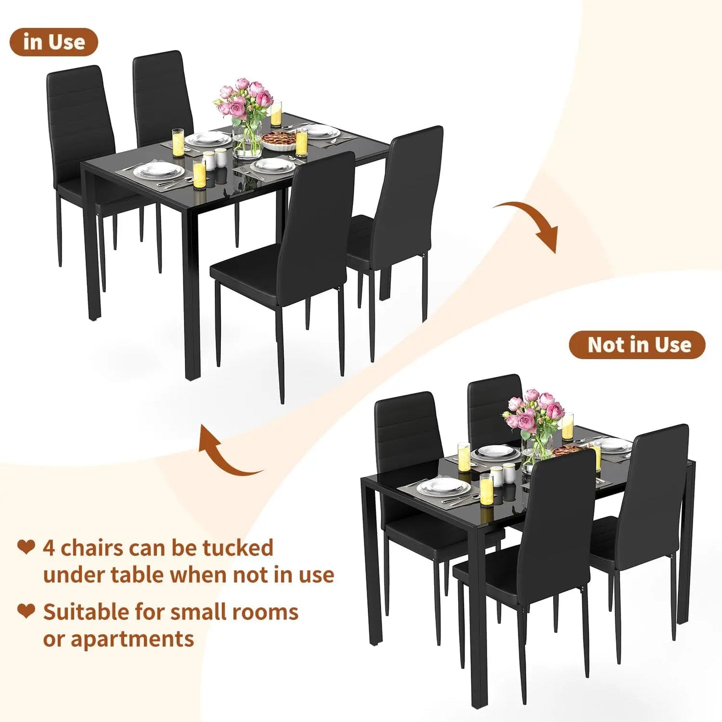 Modern Glass Dining Table Set For Four With Upholstered Chairs