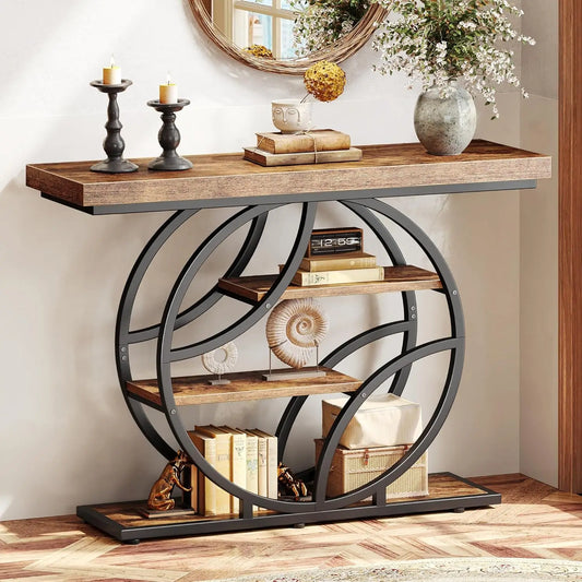 Rustic Industrial Console Table With Storage Shelves O Frame