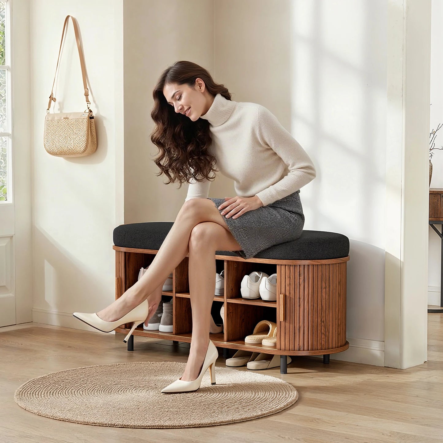 Shoe Bench 3 Tier Organizer With Cushion And Sliding Door