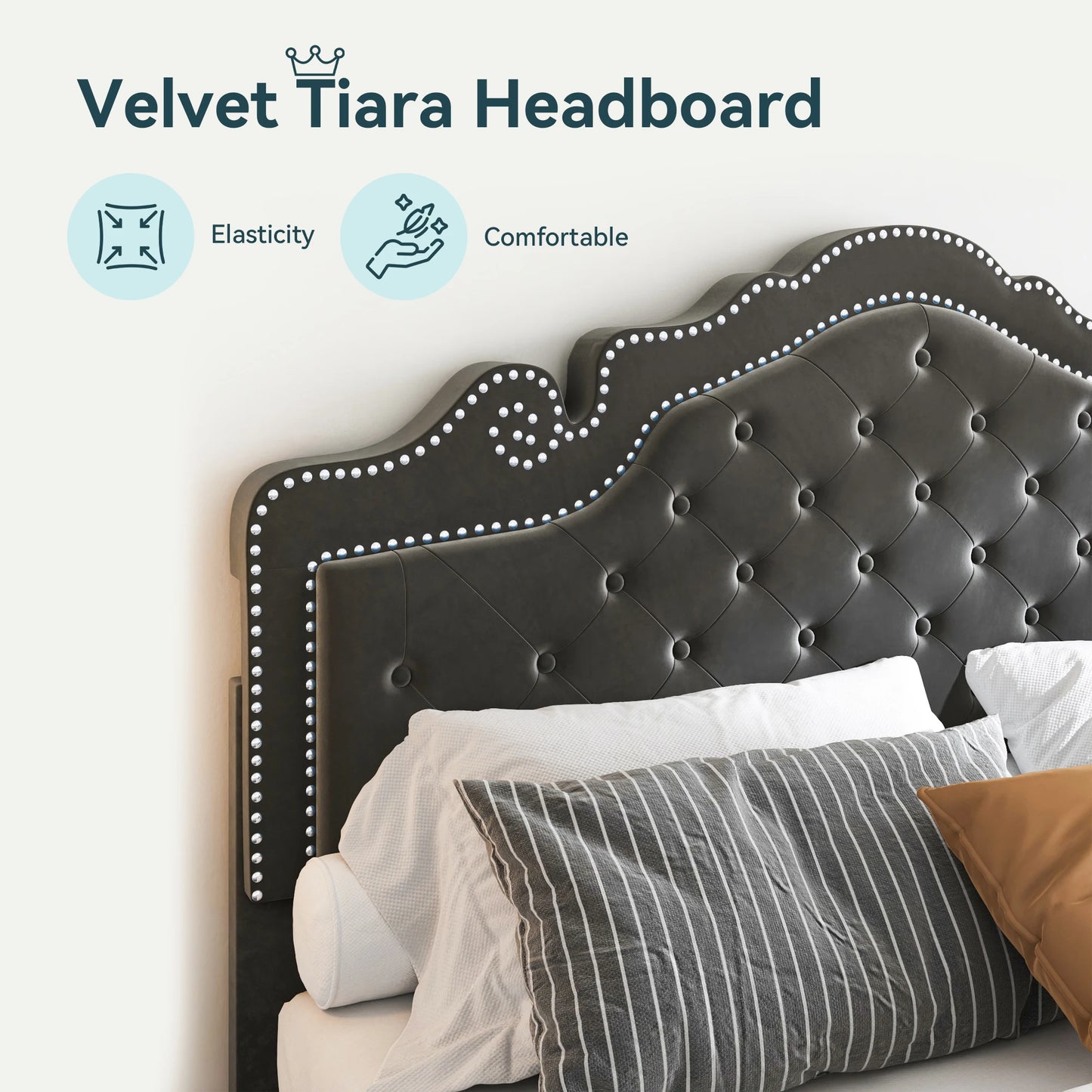 HOOMIC Velvet Bed Frame With Adjustable Tiara Headboard Diamond Tufting