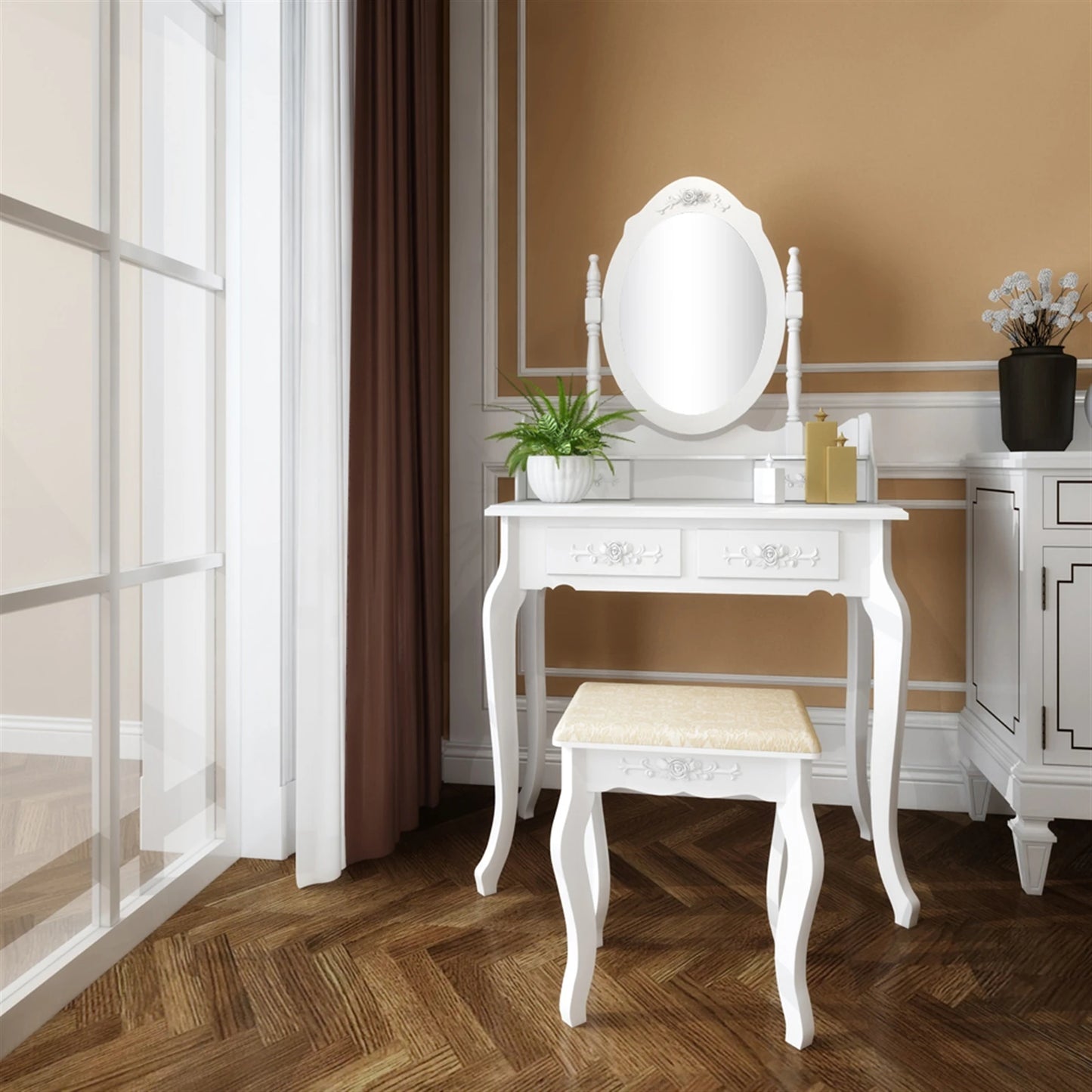 Modern Concise 4-Drawer Dresser With 360-Degree Rotating Removable Mirror