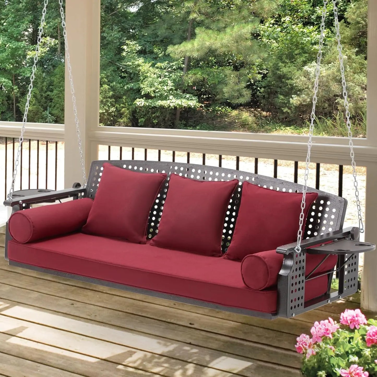 Three Seat Porch Swing With Cup Holders And Cushions