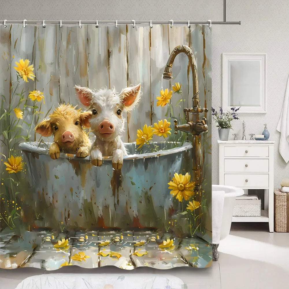 Cute Pig Bath Curtain For Kids Cartoon Animals Polyester