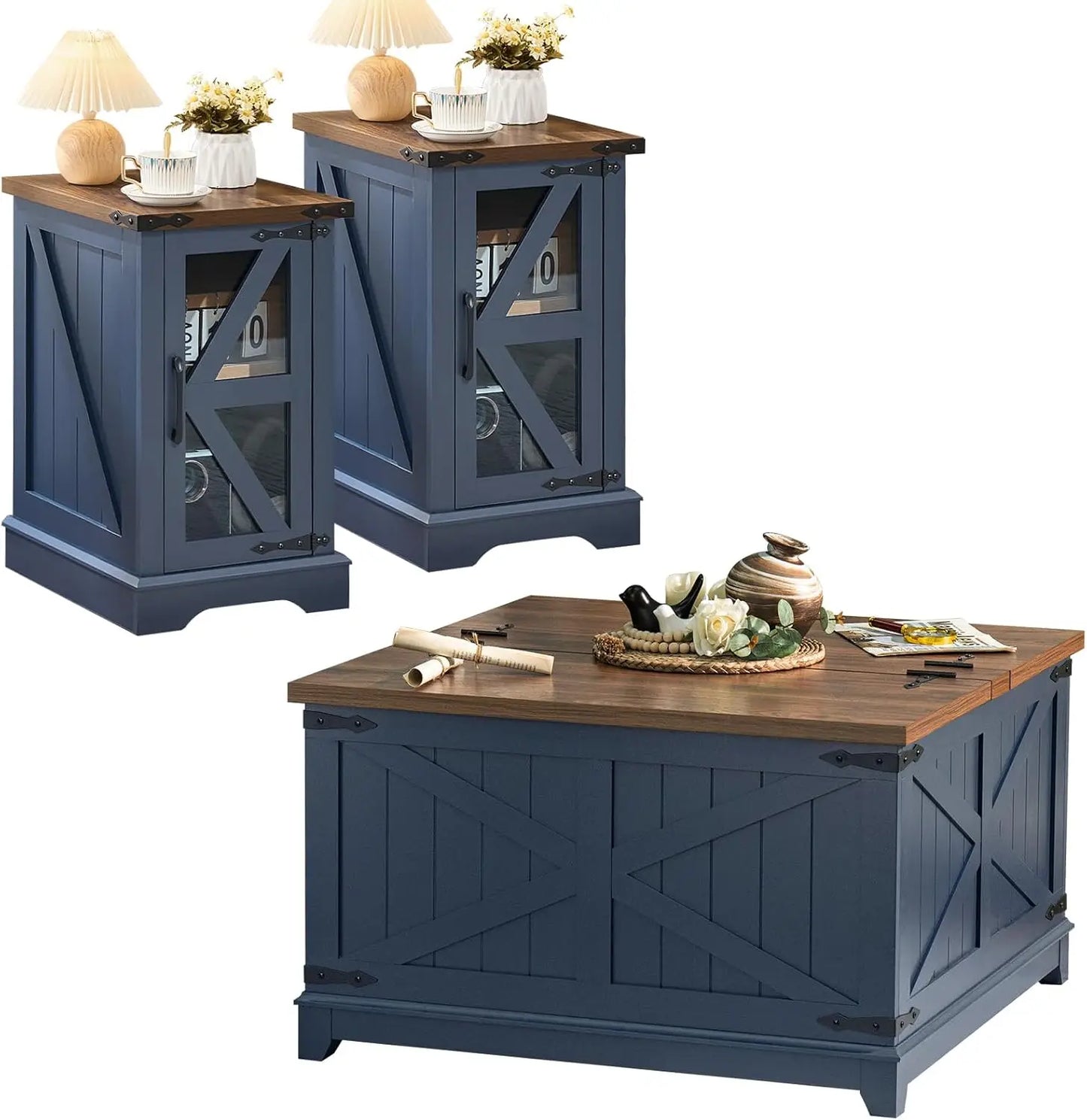 Farmhouse Coffee Table Sets 3 Pieces, Narrow Night Stand with Glass Barn Door Storage, Wood Furniture Sets for Living Room, Blue