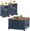 Farmhouse Coffee Table Sets 3 Pieces, Narrow Night Stand with Glass Barn Door Storage, Wood Furniture Sets for Living Room, Blue