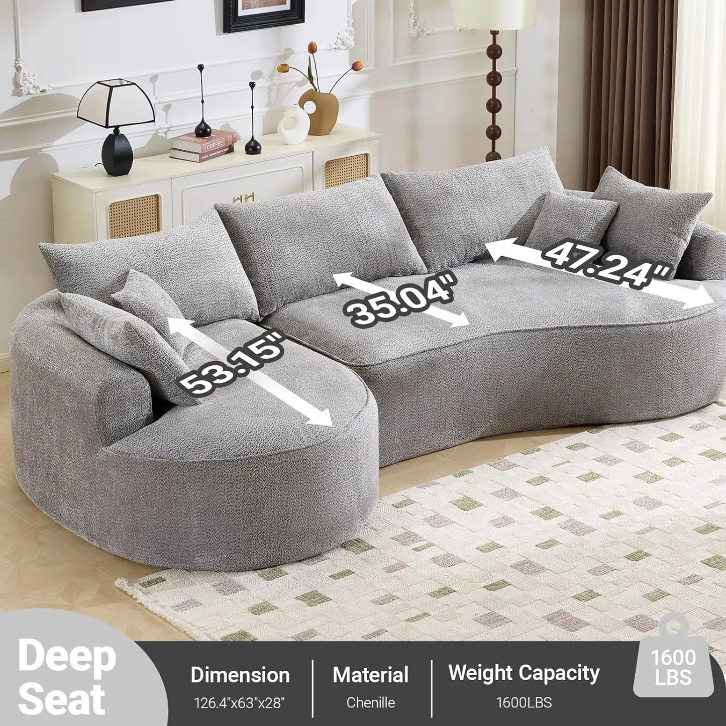 L-Shaped Sofa Sectional Couch With Curved Seat Design And 7 Pillows Customized