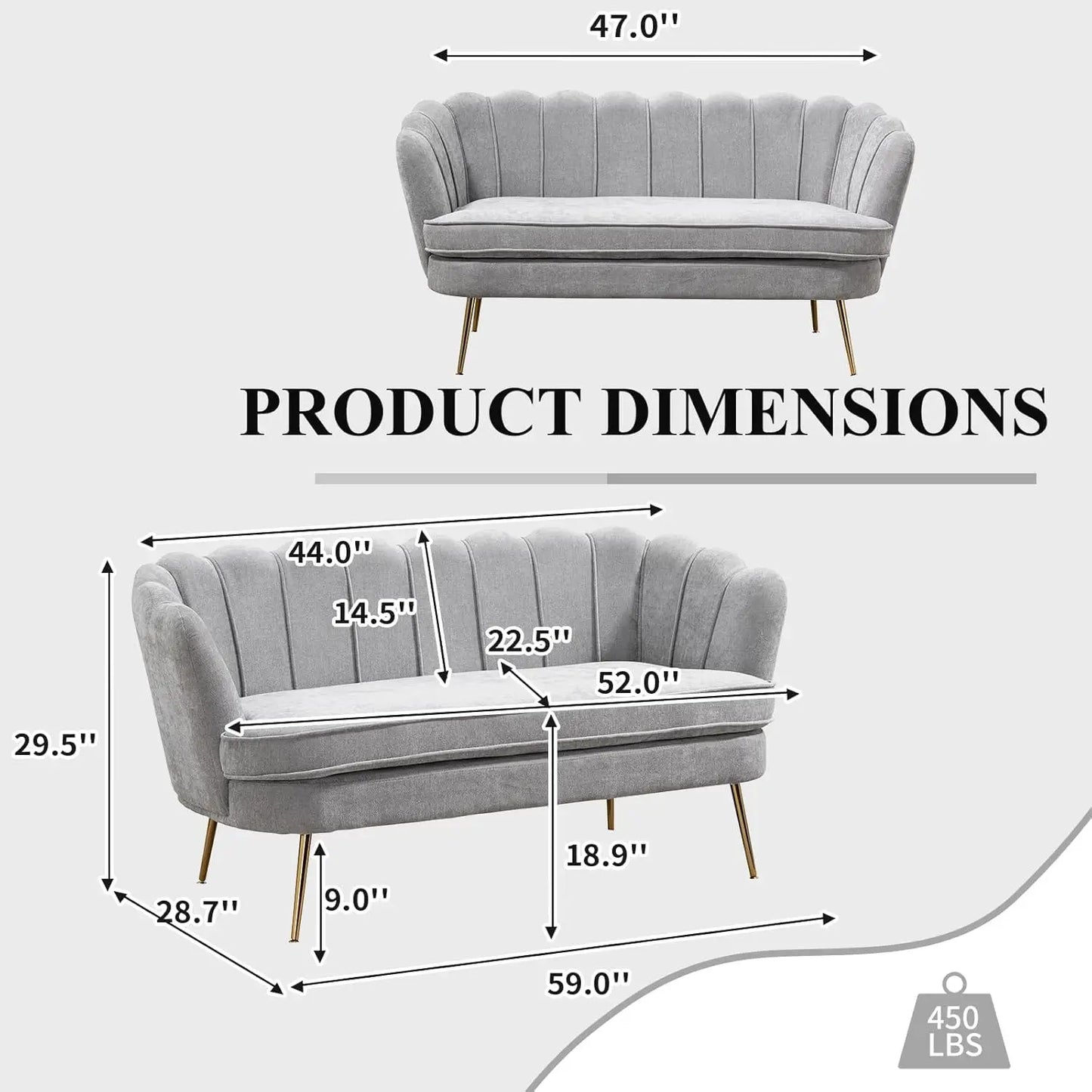 Chenille Upholstered Loveseat With Gold Metal Legs Petal Design