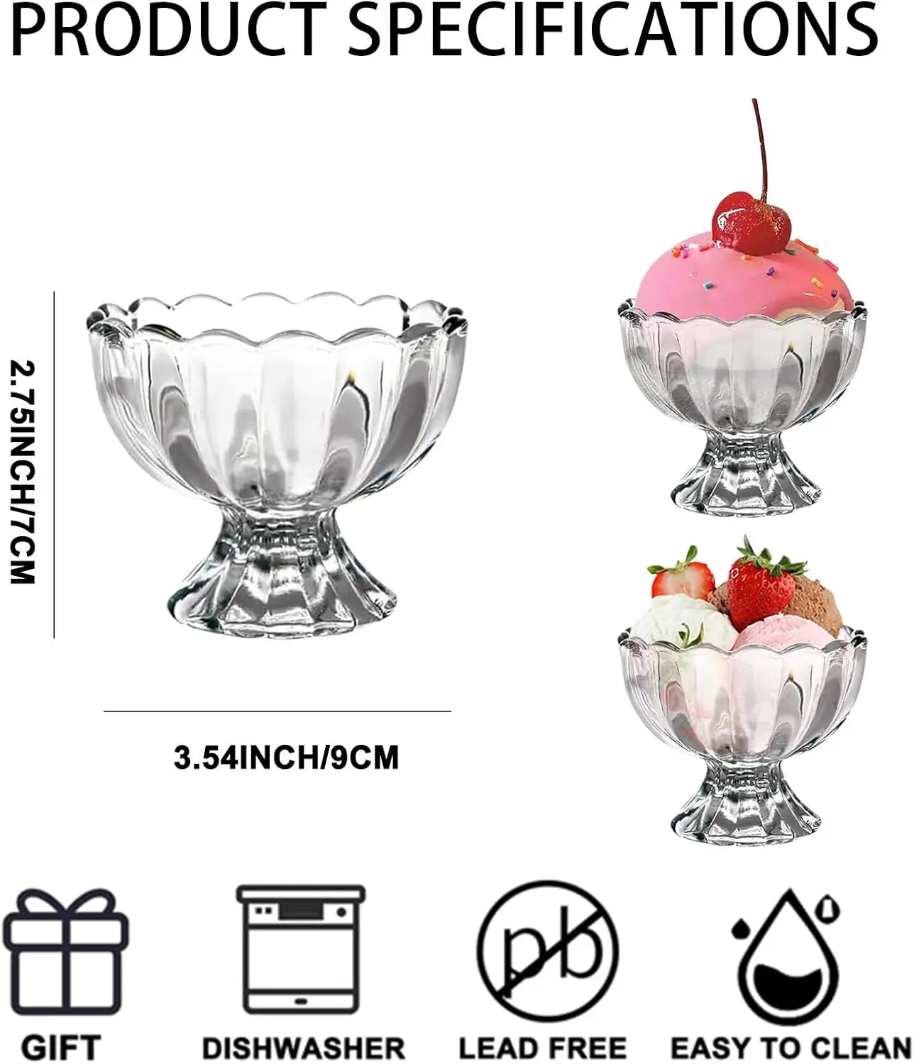 Vintage Glass Dessert Bowls, 5oz Ice Cream Cups for Sundae, Fruit, Pudding & Small Snacks (Set of 6)