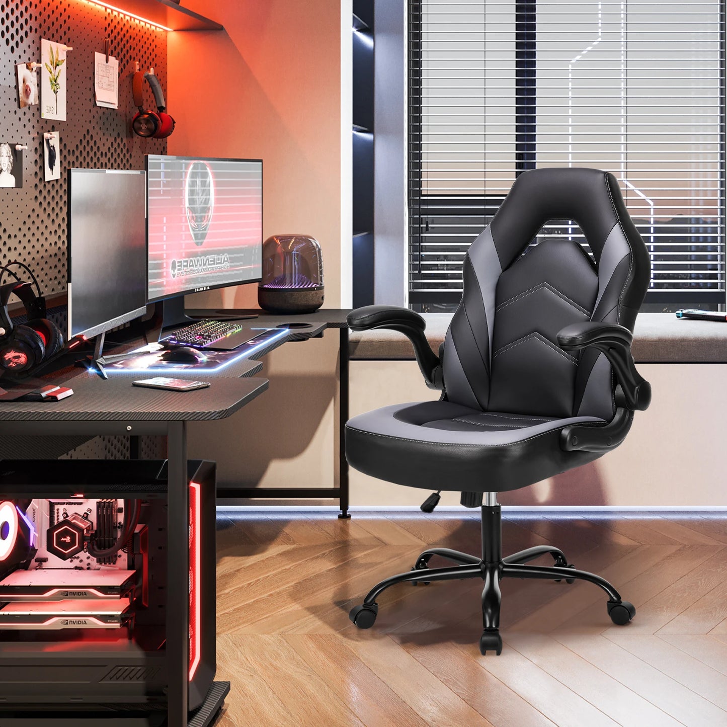 JHK Ergonomic PU Leather Office Chair With Flip Armrests