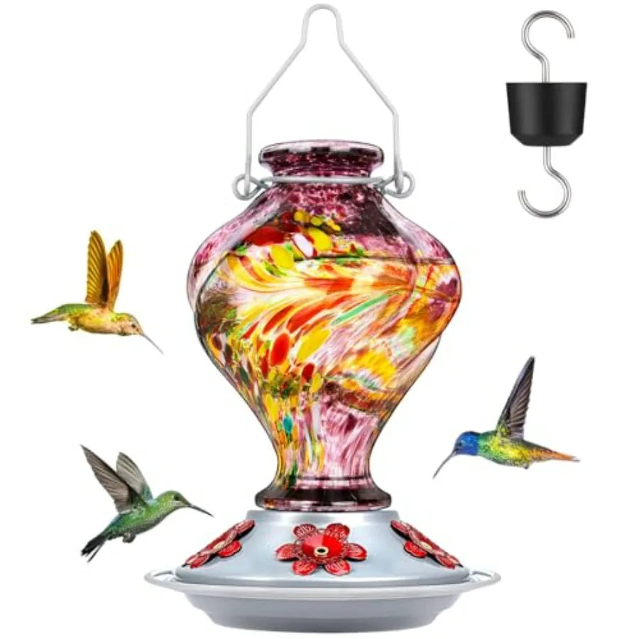 Hummingbird Feeder, Hand Blown Glass Hummingbird Feeders for Outdoors Hanging with Ant Moat, 5 Bee-Proof Ports, Leak-Proof, 360
