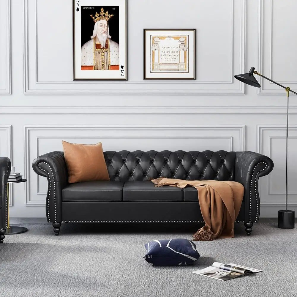 Chesterfield Leather Sofa and Loveseat with Scroll Arm