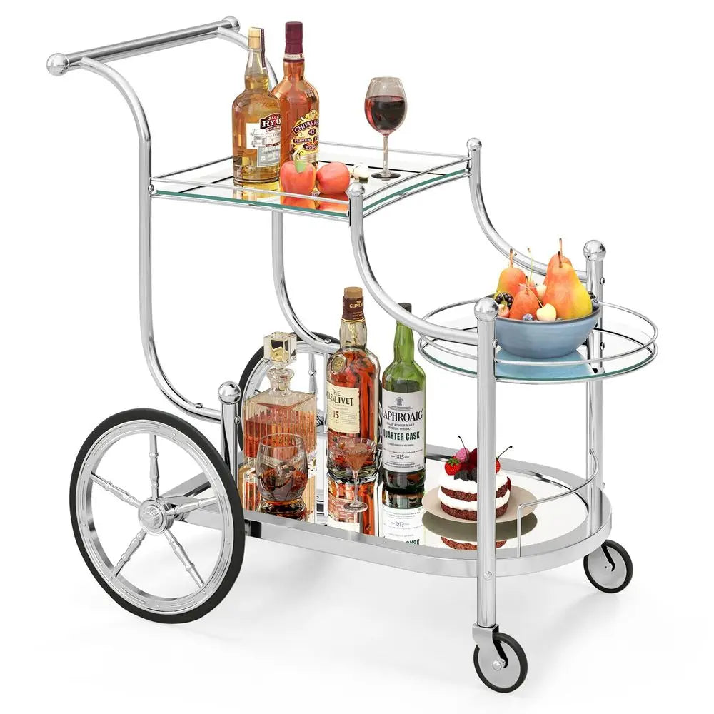 Glass Rolling Bar Cart, Rolling Serving Cart with 3Tier Shelf, Directional Wheels amp Universal Wheels, Mobile Wine Tea Serving