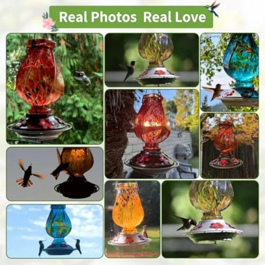 Hummingbird Feeder, Hand Blown Glass Hummingbird Feeders for Outdoors Hanging with Ant Moat, 5 Bee-Proof Ports, Leak-Proof, 360