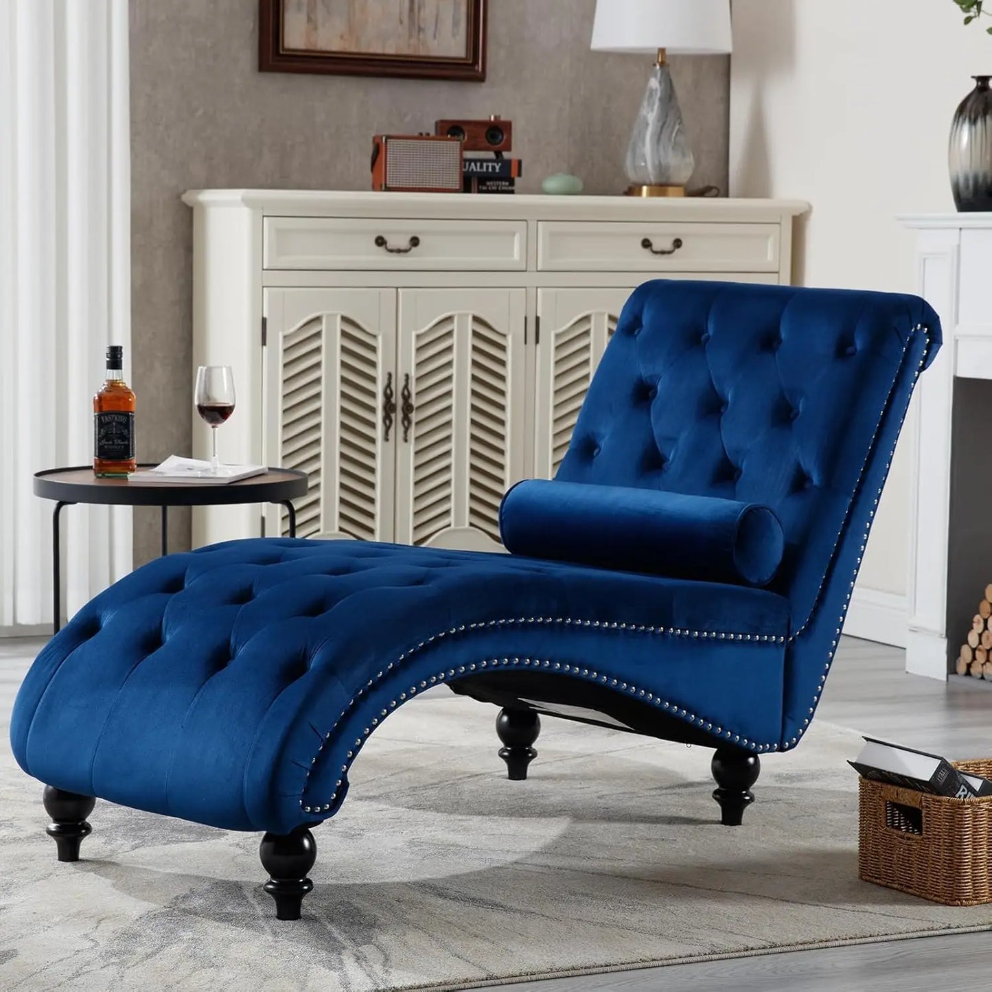 Velvet Chaise Lounge Upholstered Chair With Pillow For Living Room