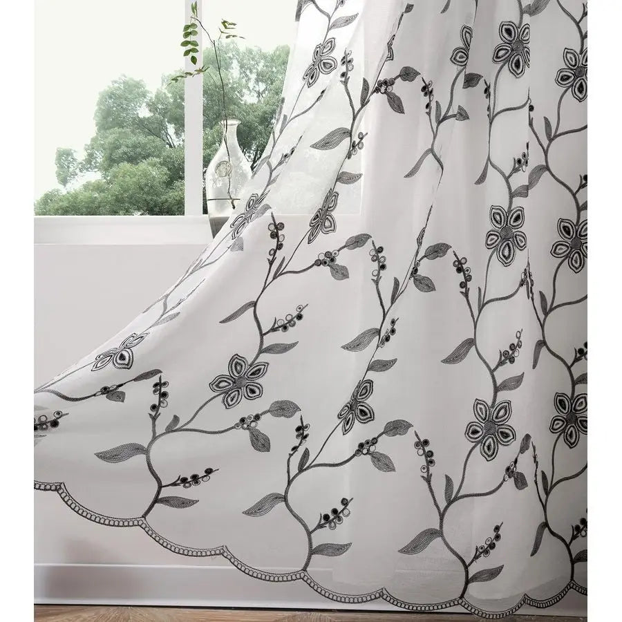 Embroidered Sheer Curtain 2 Panels Set Luxury Window Curtain Attached Valance with Satin Backing and 2 Tie Backs for Living Room