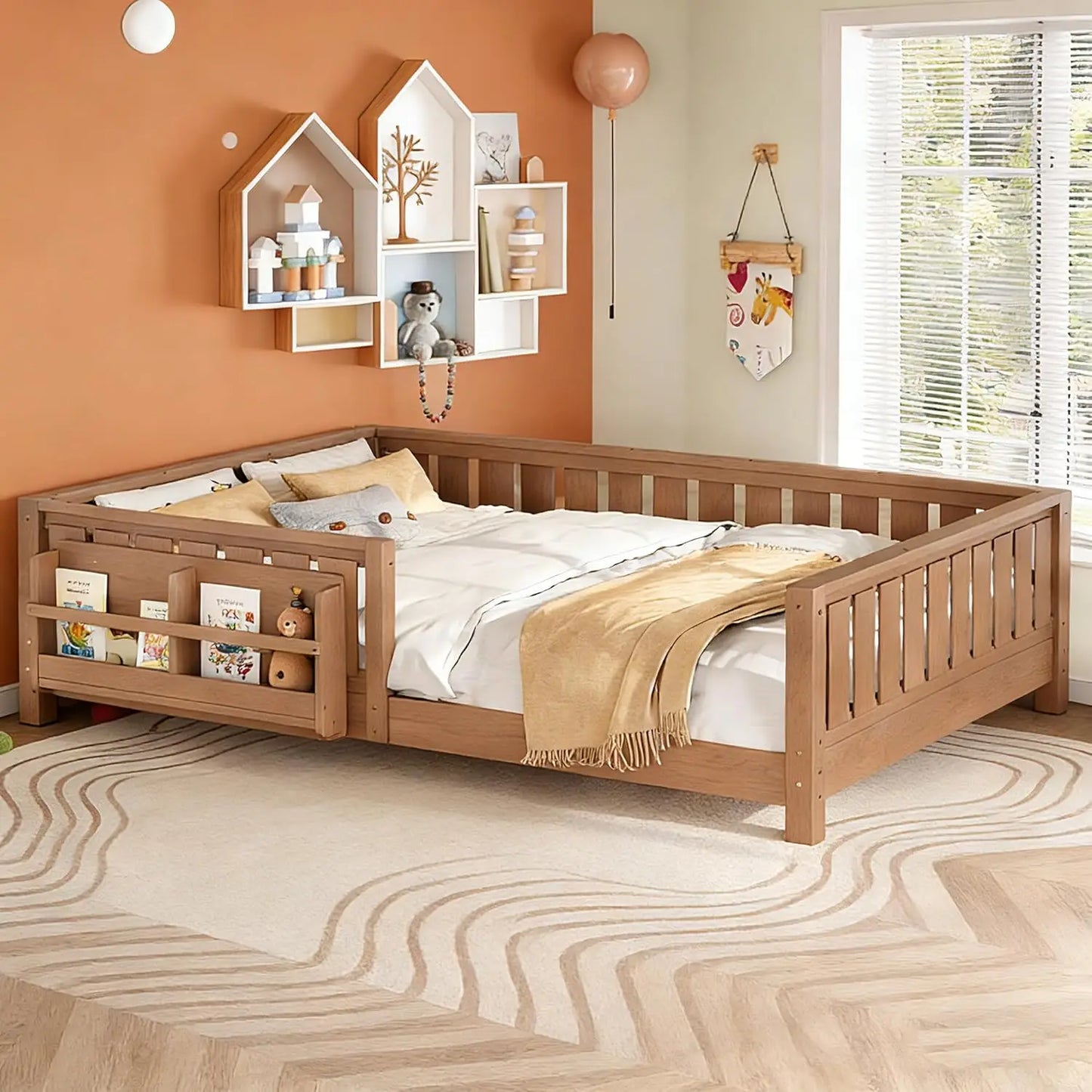 Queen Size Montessori Kids Bed Frame with Stairs Bookshelf Drawers Storage Low-Profile Wood for Boys Girls Room, Customized