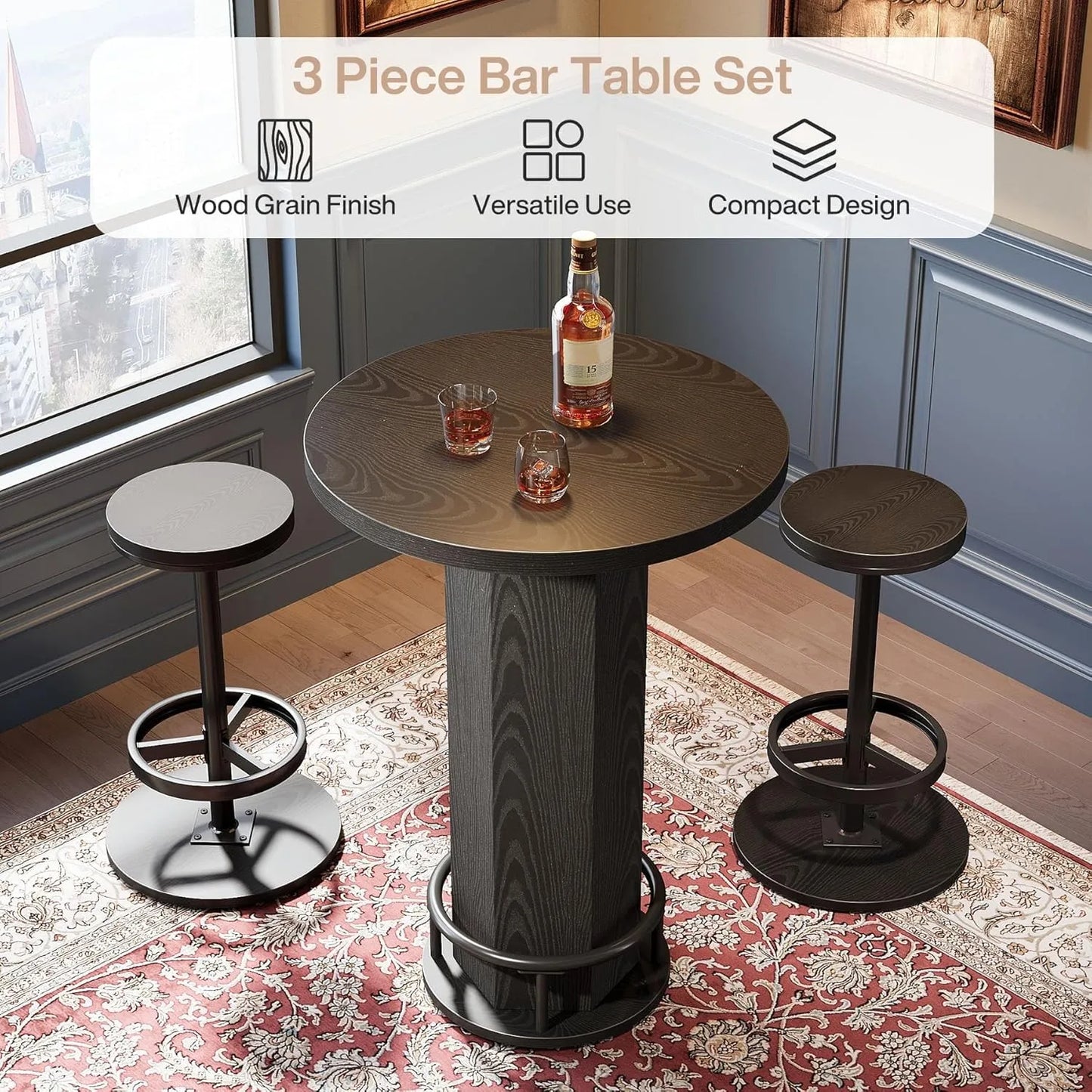 Round Bar Table With Chairs Industrial Bistro Set 2 Barstools