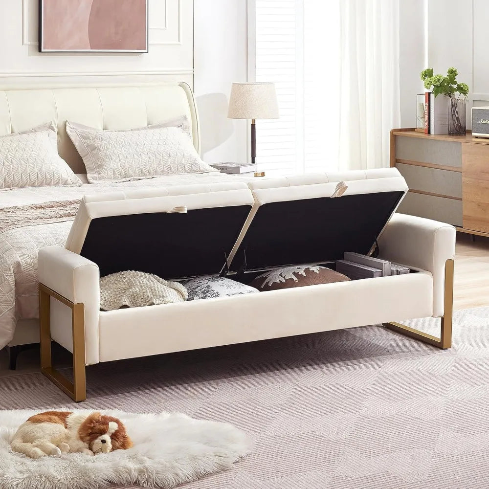 Velvet Storage Bench With Golden Legs For Bedroom Storage