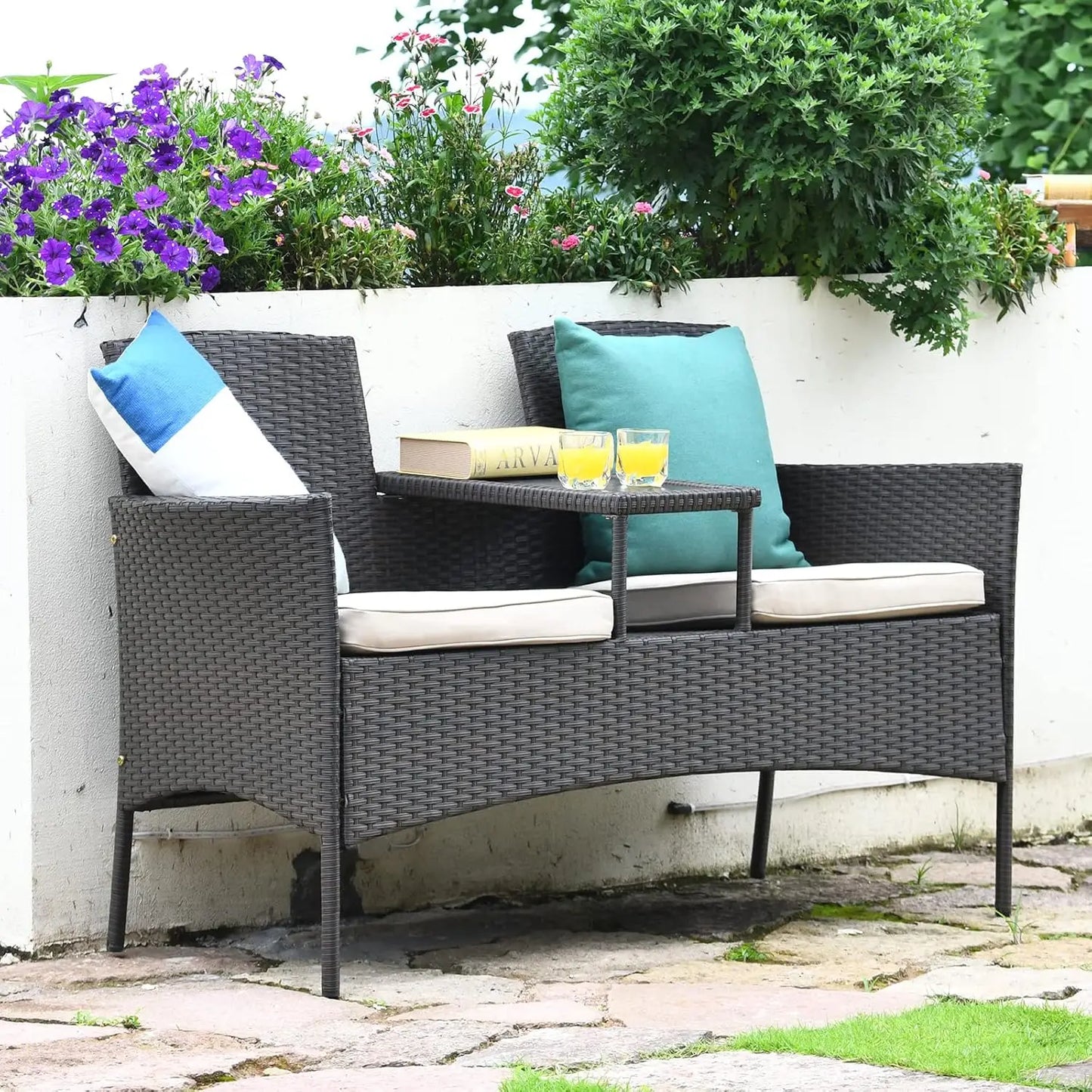 Outdoor Rattan Loveseat Modern Patio Conversation Set With Cushions Table