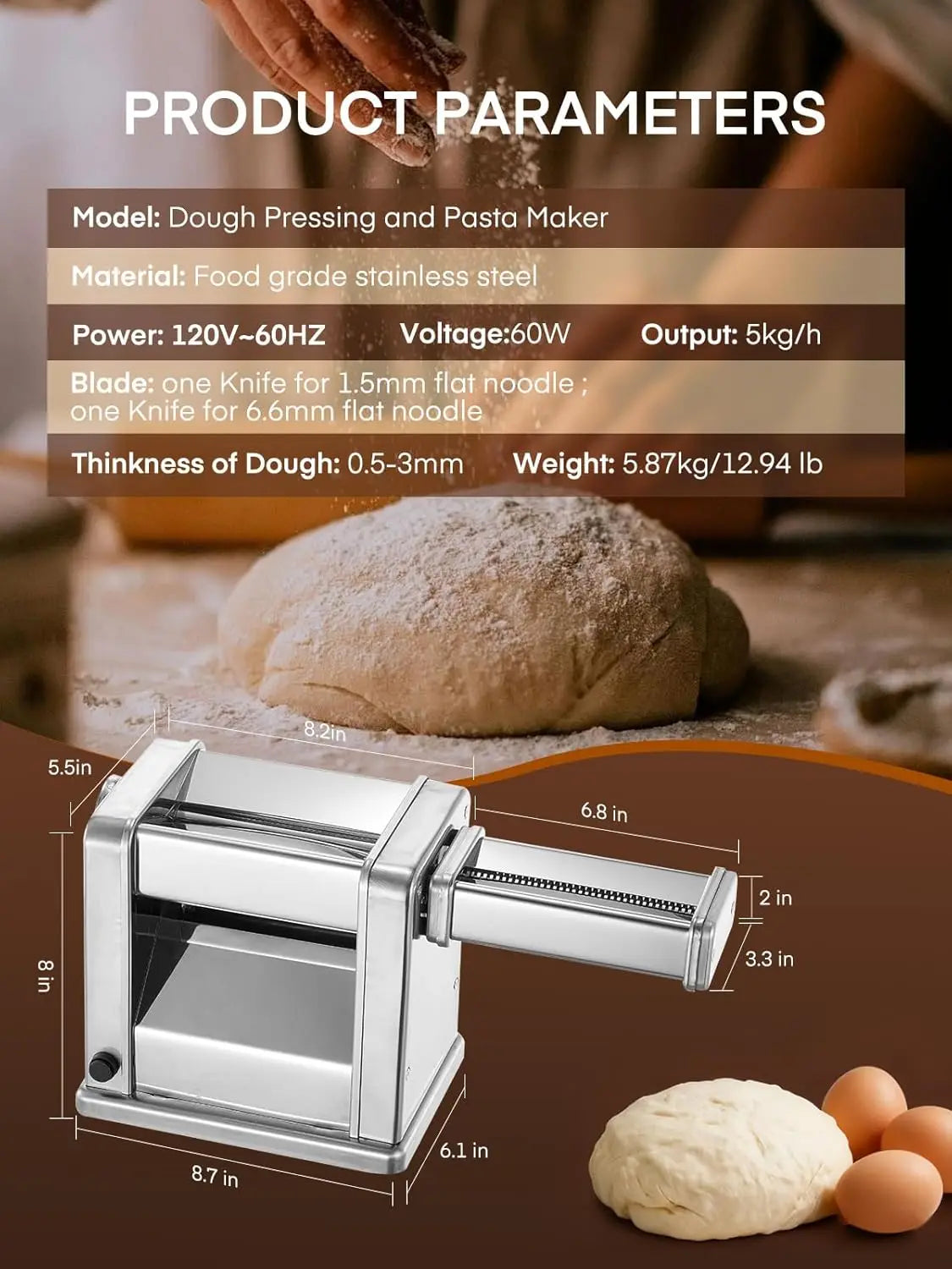 Electric Pasta Maker Machine Adjustable Thick Noodle Maker for Spaghetti Fettuccine Lasagna Kitchen Appliance