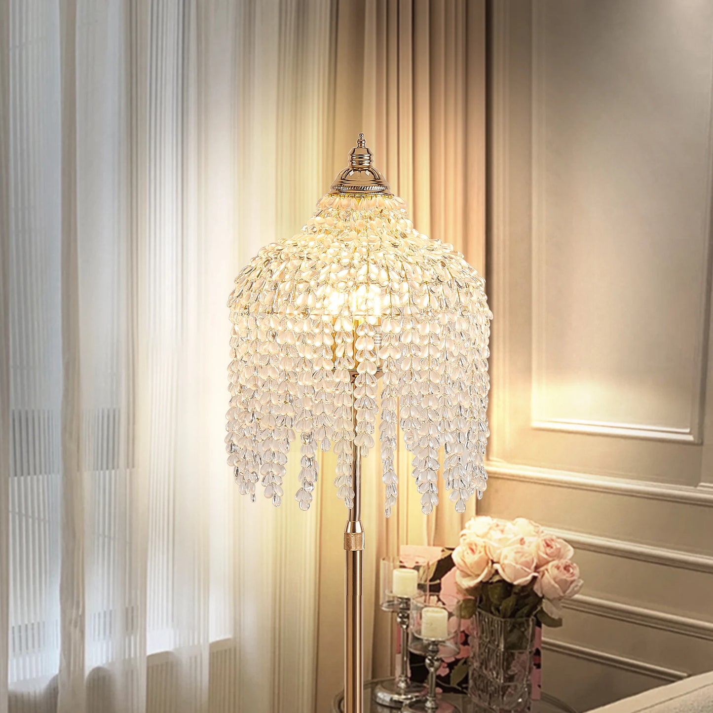 Elegant Crystal Floor Lamp Waterfall Bead Strings Iron Marble Base