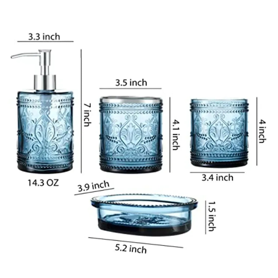 4PCs Teal Blue Glass Bathroom Accessories Set with Decorative Pressed Pattern - Includes Hand Soap Dispenser Tumbler Soap Dish