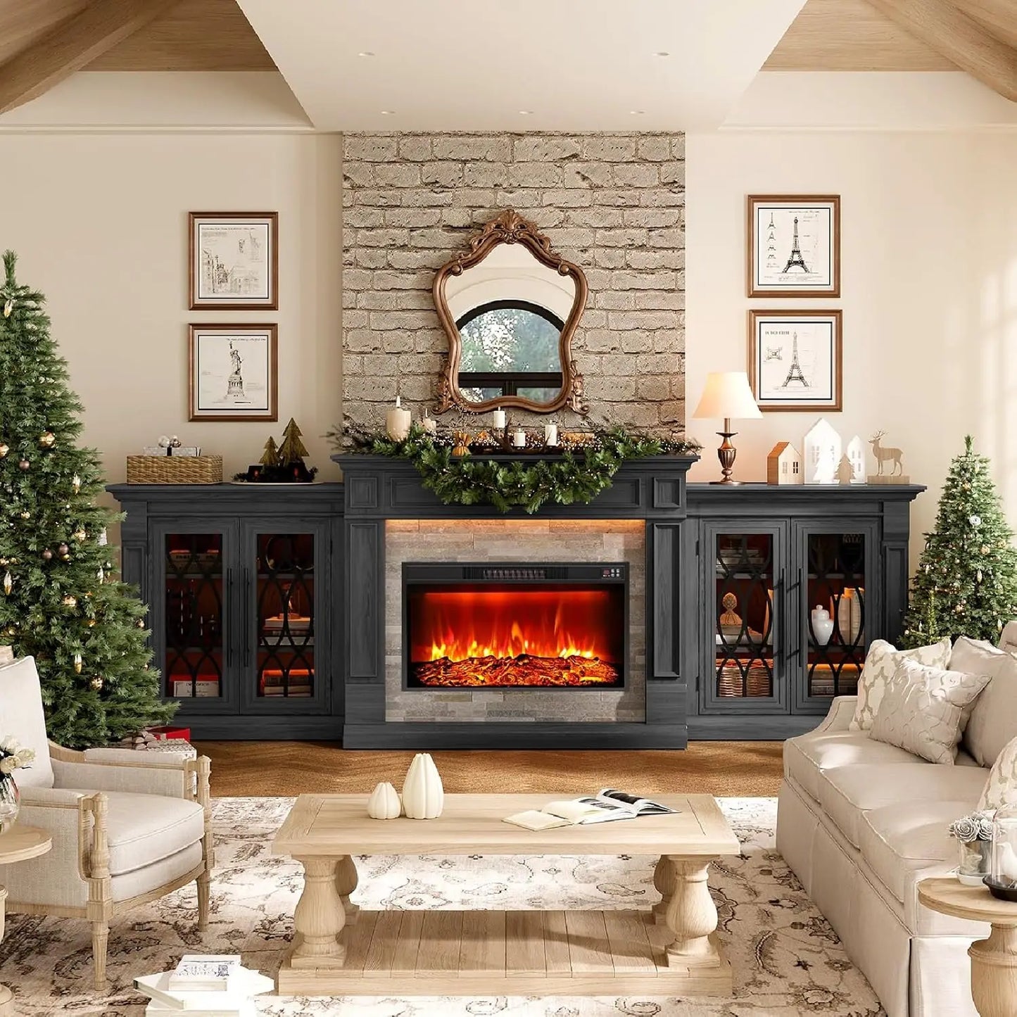Fireplace TV Stand Electric Mantel With Cabinets Tempered Glass Doors